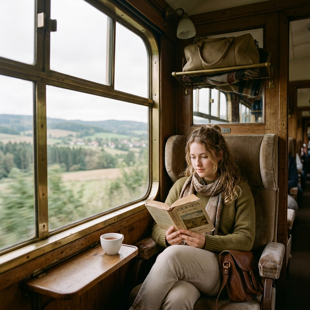 Traveler reading book on vintage train