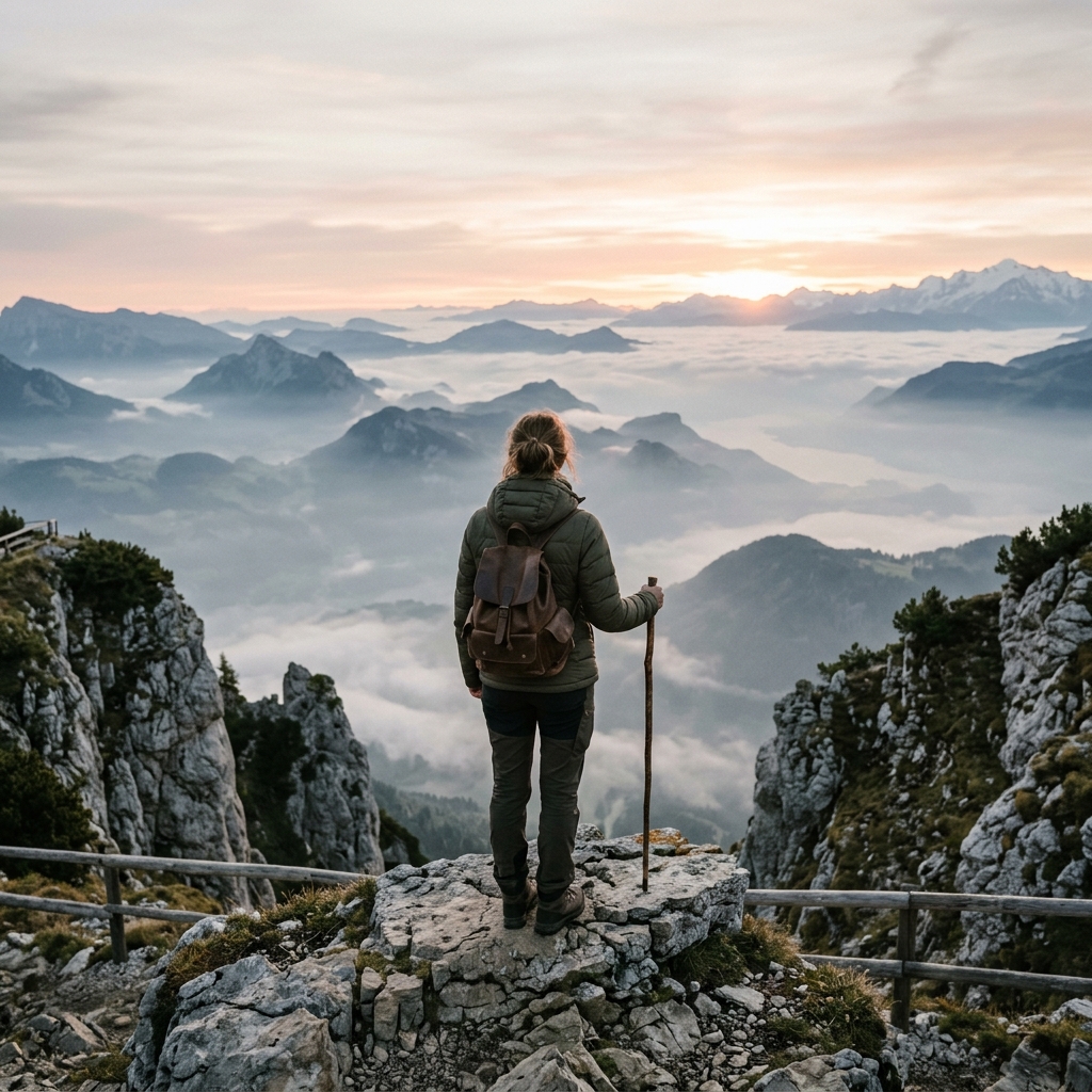 Solo traveler looking over vast misty mountain valley